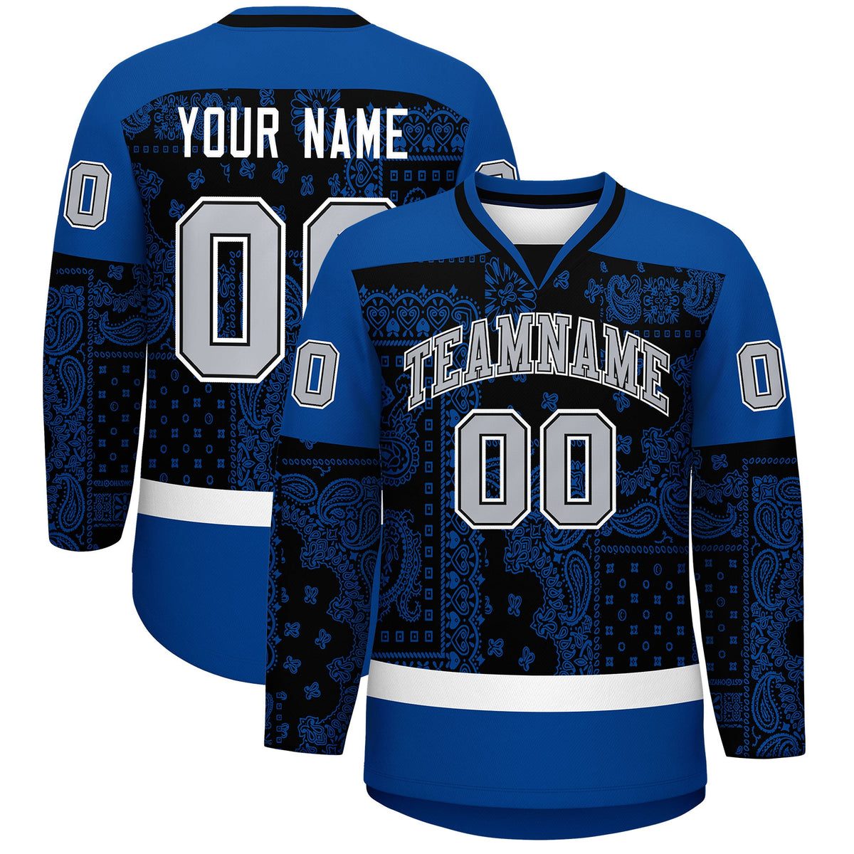 Custom Royal White Black Cashew Flower Graffiti Pattern V-Neck Hockey Jersey| KXKSHOP