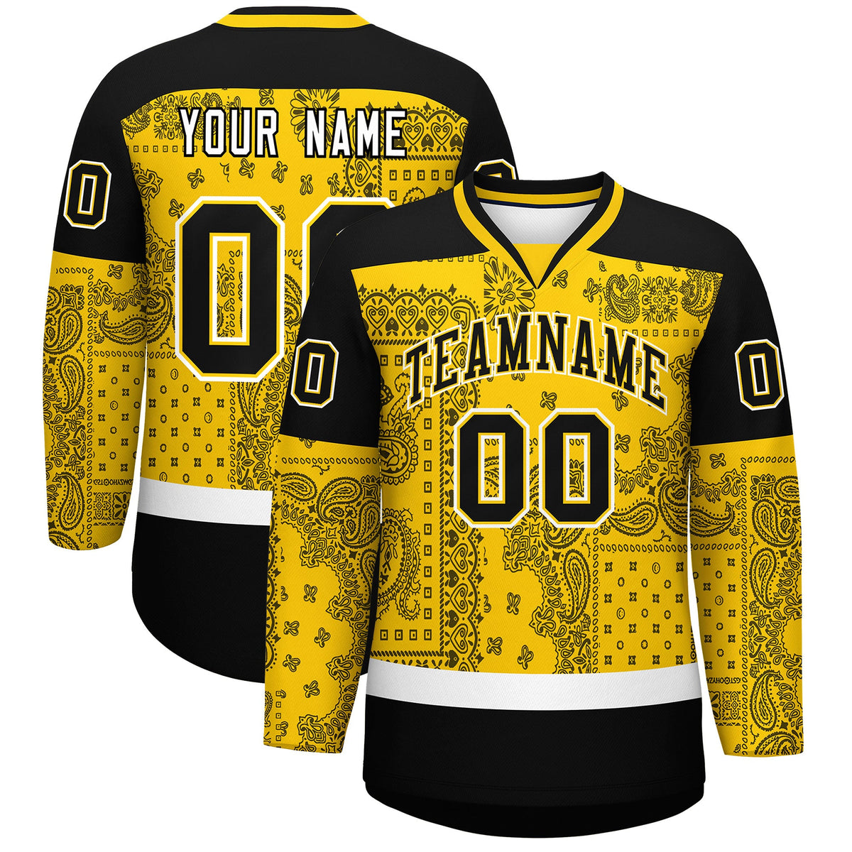 Custom Black Gold White Cashew Flower Graffiti Pattern V-Neck Hockey Jersey| KXKSHOP