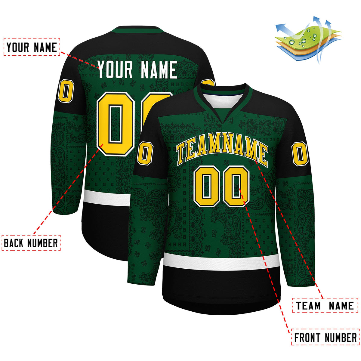 Custom Green Black White Cashew Flower Graffiti Pattern V-Neck Hockey Jersey| KXKSHOP