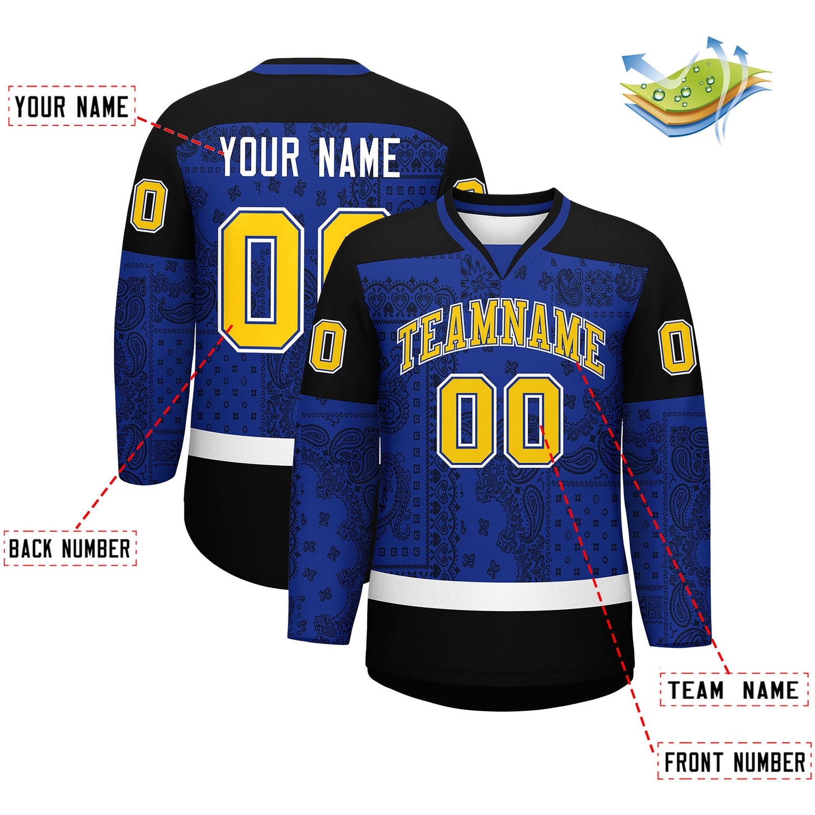 Custom Black Royal White Cashew Flower Graffiti Pattern V-Neck Hockey Jersey| KXKSHOP