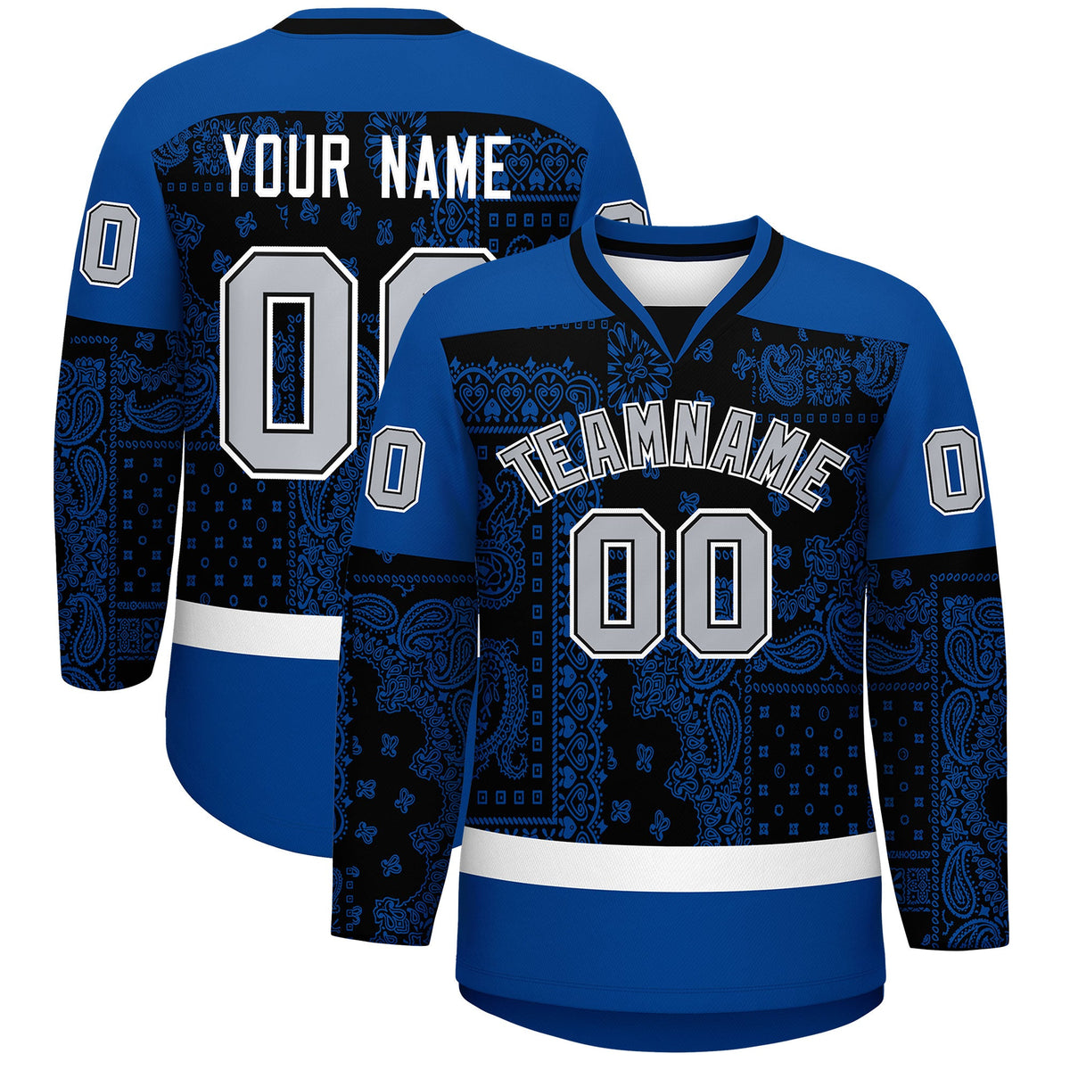 Custom Royal White Black Cashew Flower Graffiti Pattern V-Neck Hockey Jersey| KXKSHOP