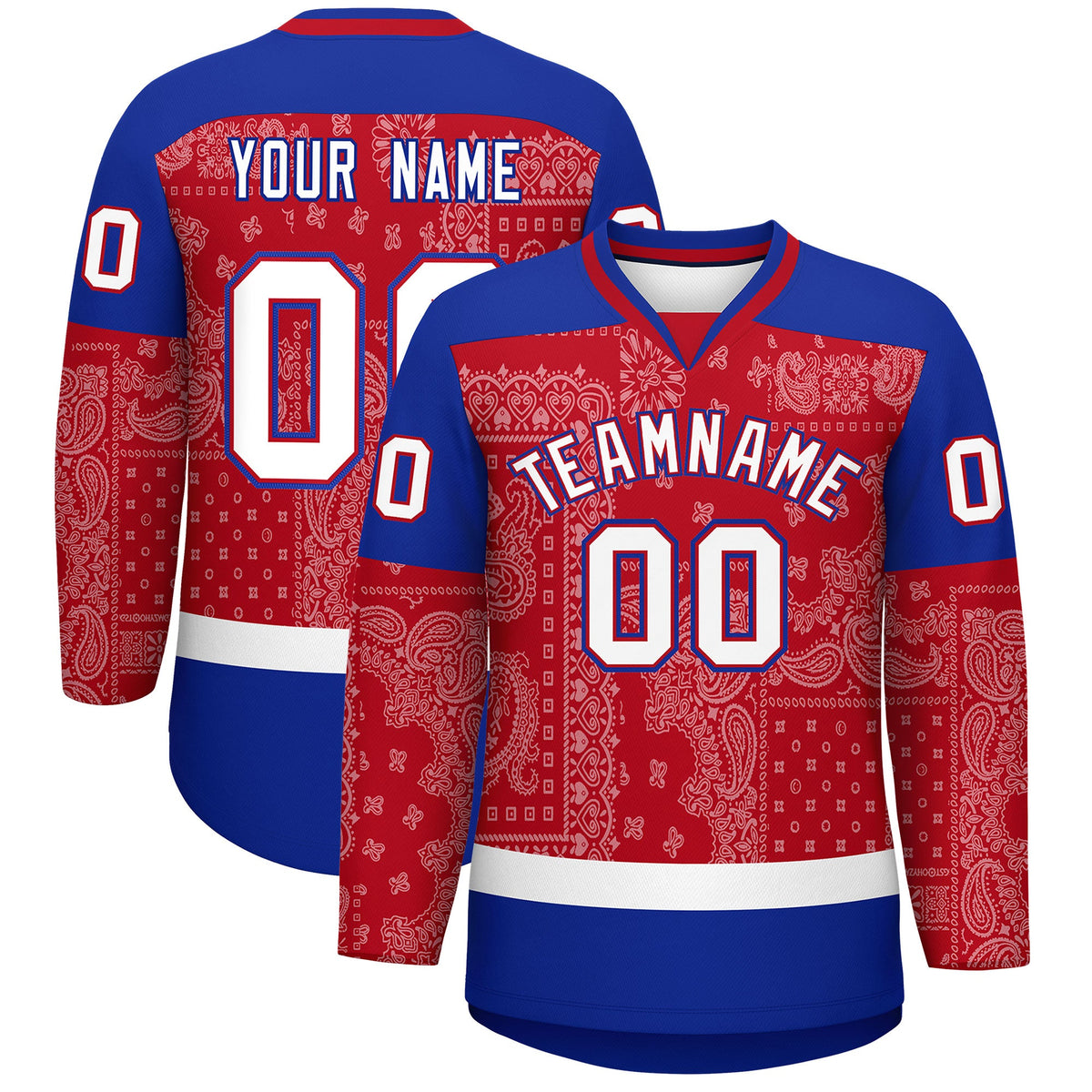 Custom Royal White Red Cashew Flower Graffiti Pattern V-Neck Hockey Jersey| KXKSHOP