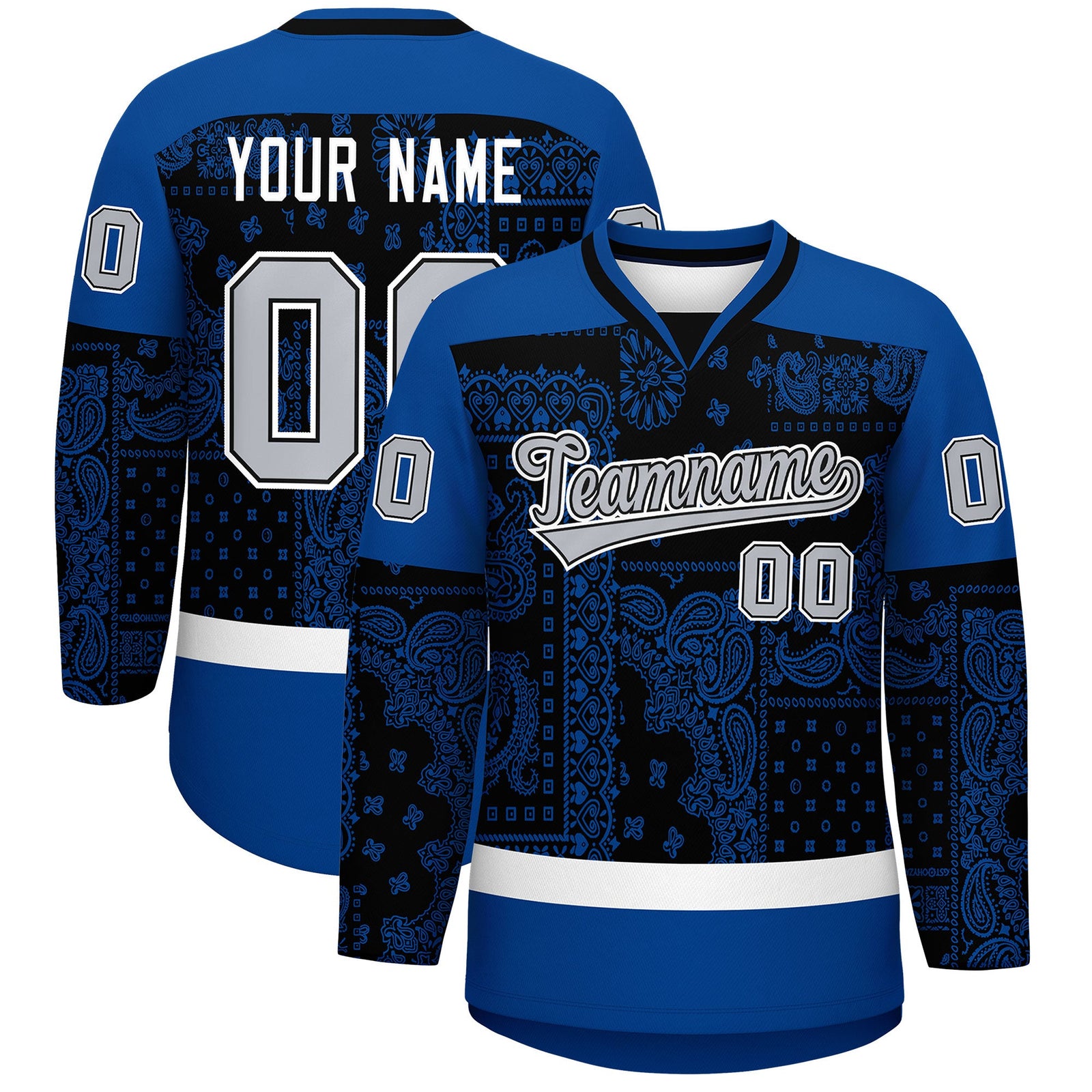 Custom Royal White Black Cashew Flower Graffiti Pattern V-Neck Hockey Jersey| KXKSHOP