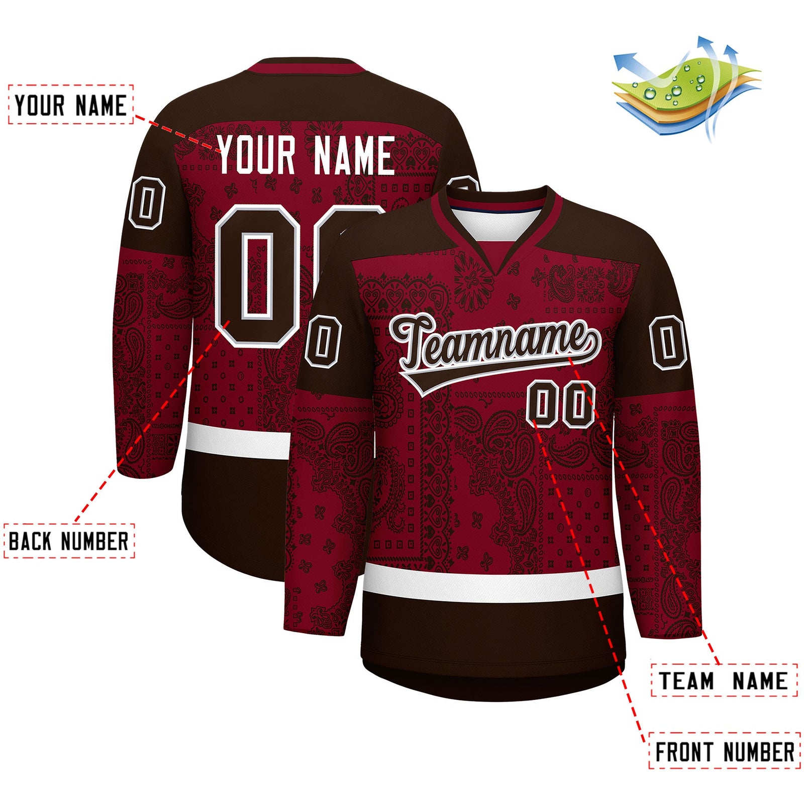 Custom Brown Crimson White Cashew Flower Graffiti Pattern V-Neck Hockey Jersey| KXKSHOP