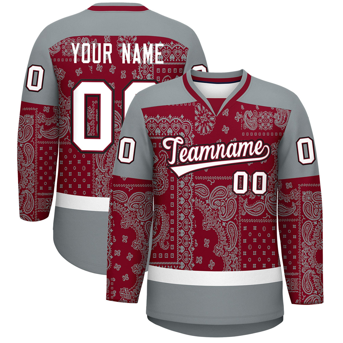Custom Silver Gray Crimson White Cashew Flower Graffiti Pattern V-Neck Hockey Jersey| KXKSHOP
