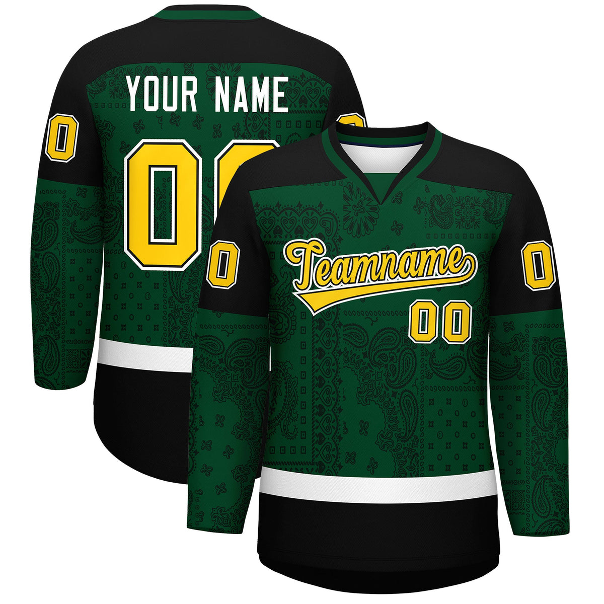 Custom Green Black White Cashew Flower Graffiti Pattern V-Neck Hockey Jersey| KXKSHOP