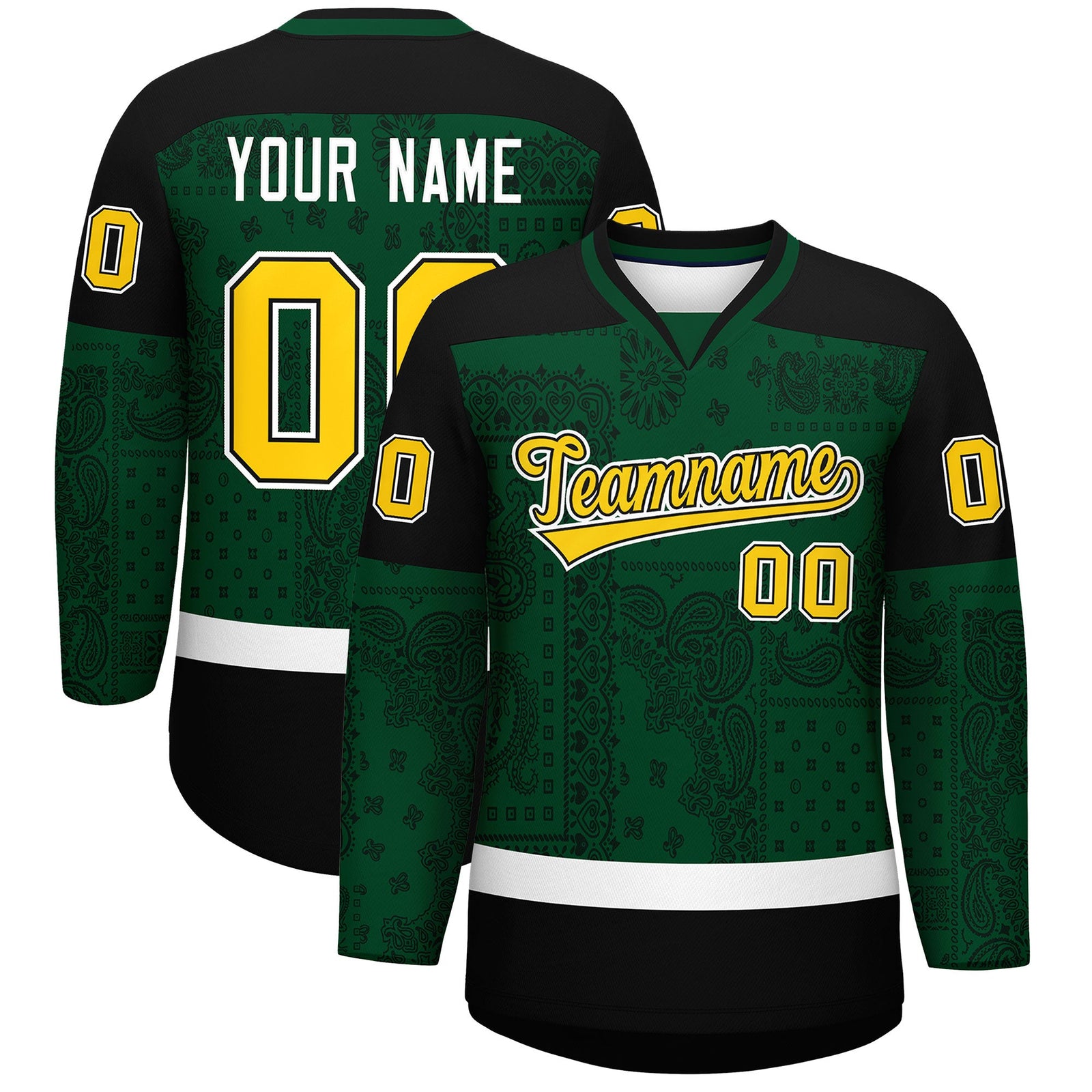 Custom Green Black White Cashew Flower Graffiti Pattern V-Neck Hockey Jersey| KXKSHOP