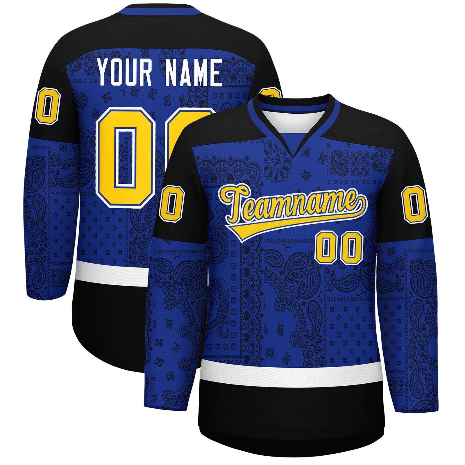 Custom Black Royal White Cashew Flower Graffiti Pattern V-Neck Hockey Jersey| KXKSHOP