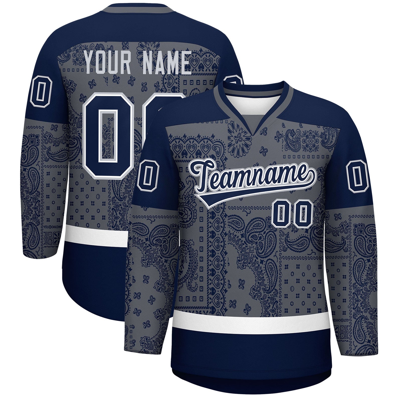Custom Navy Dark Gray White Cashew Flower Graffiti Pattern V-Neck Hockey Jersey| KXKSHOP