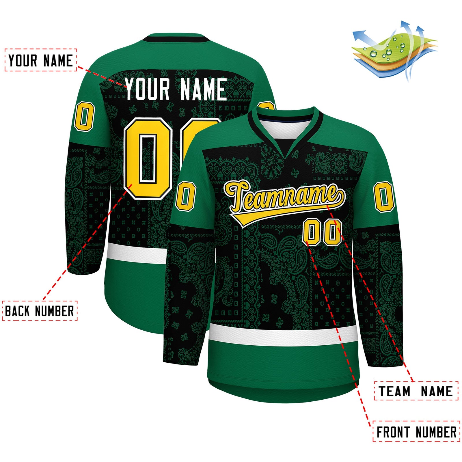 Custom Kelly Green Black White Cashew Flower Graffiti Pattern V-Neck Hockey Jersey| KXKSHOP