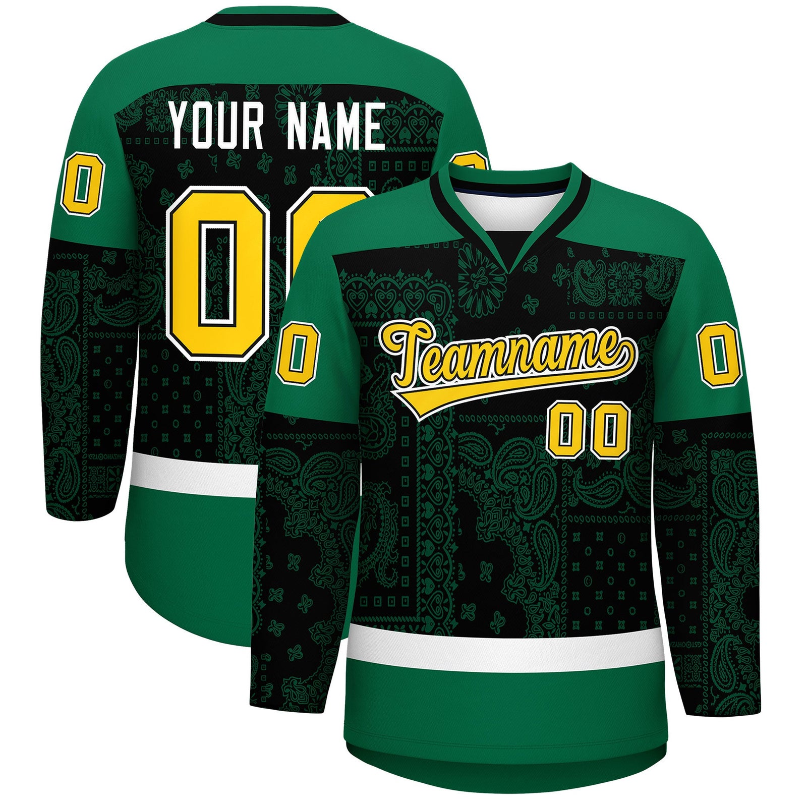 Custom Kelly Green Black White Cashew Flower Graffiti Pattern V-Neck Hockey Jersey| KXKSHOP