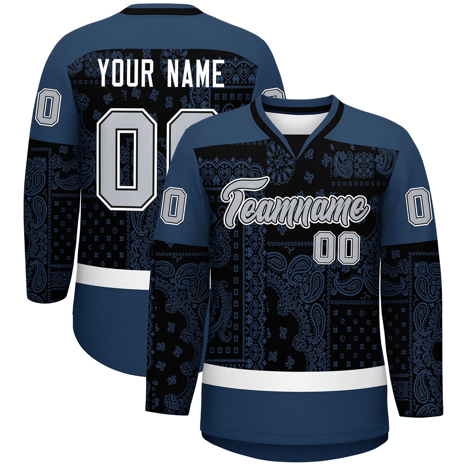 Custom Midnight Blue White Black Cashew Flower Graffiti Pattern V-Neck Hockey Jersey| KXKSHOP