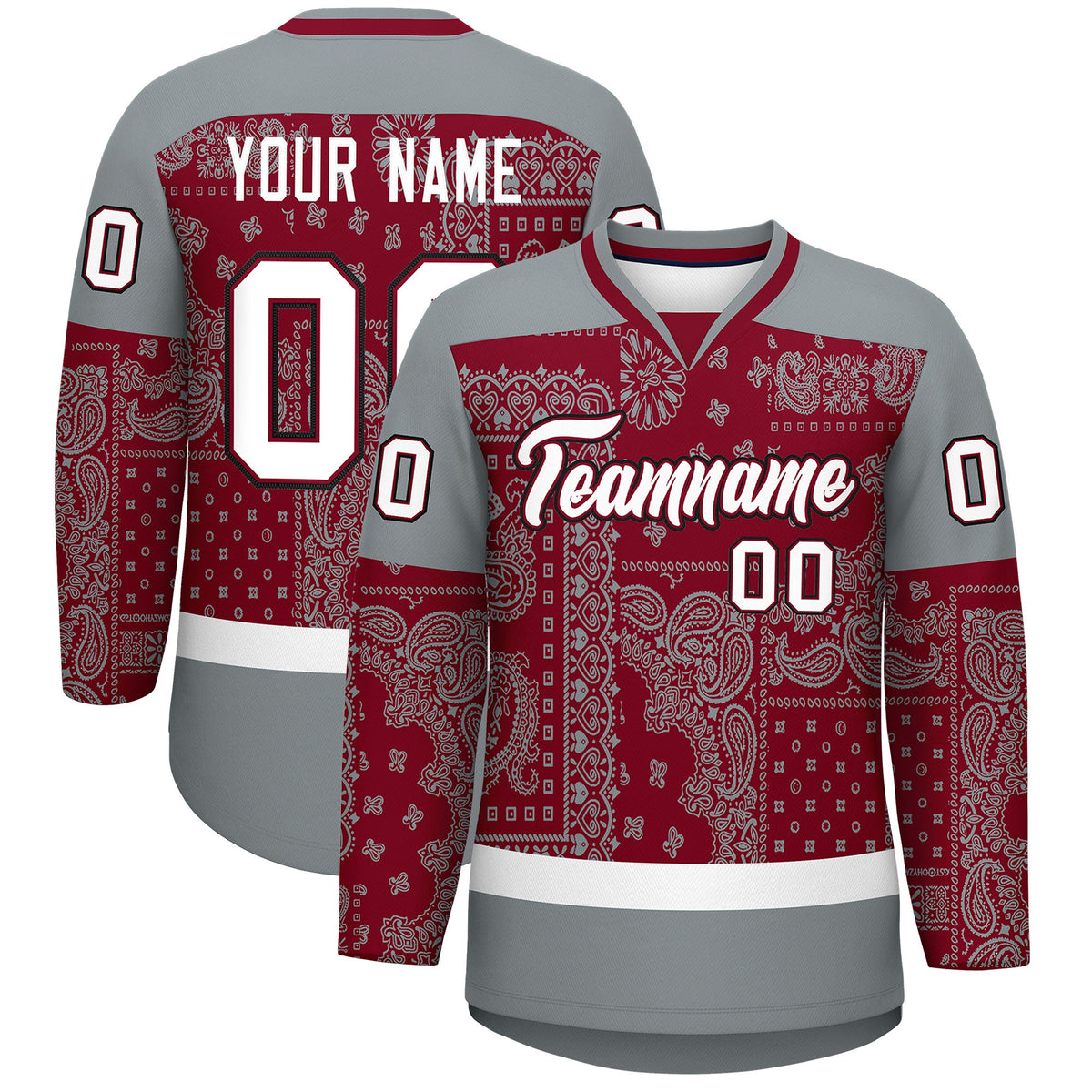Custom Silver Gray Crimson White Cashew Flower Graffiti Pattern V-Neck Hockey Jersey| KXKSHOP