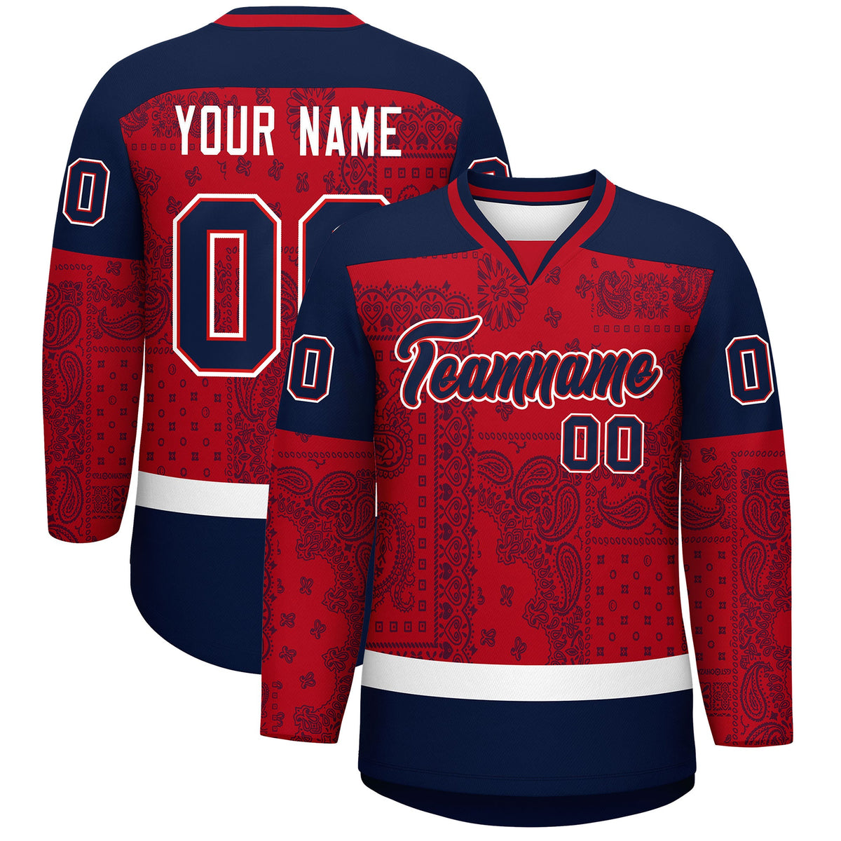 Custom Navy Red White Cashew Flower Graffiti Pattern V-Neck Hockey Jersey| KXKSHOP