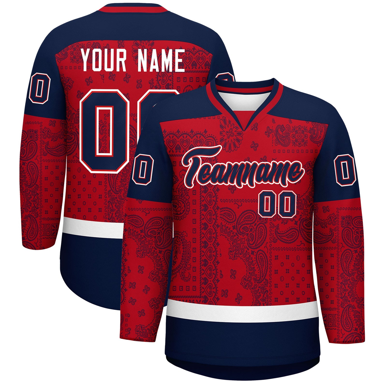 Custom Navy Red White Cashew Flower Graffiti Pattern V-Neck Hockey Jersey| KXKSHOP