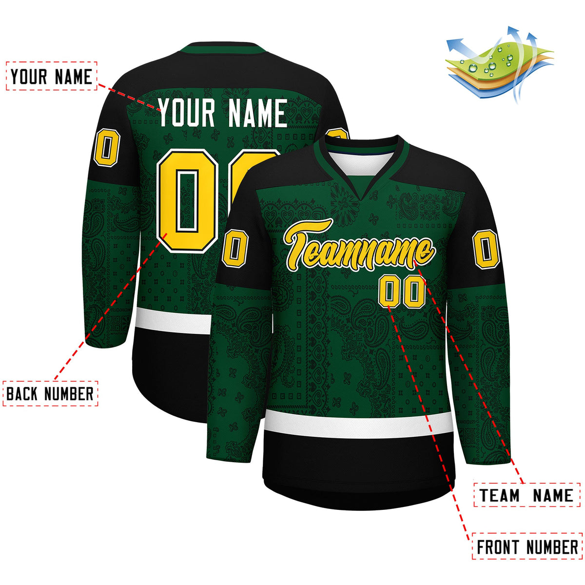 Custom Green Black White Cashew Flower Graffiti Pattern V-Neck Hockey Jersey| KXKSHOP