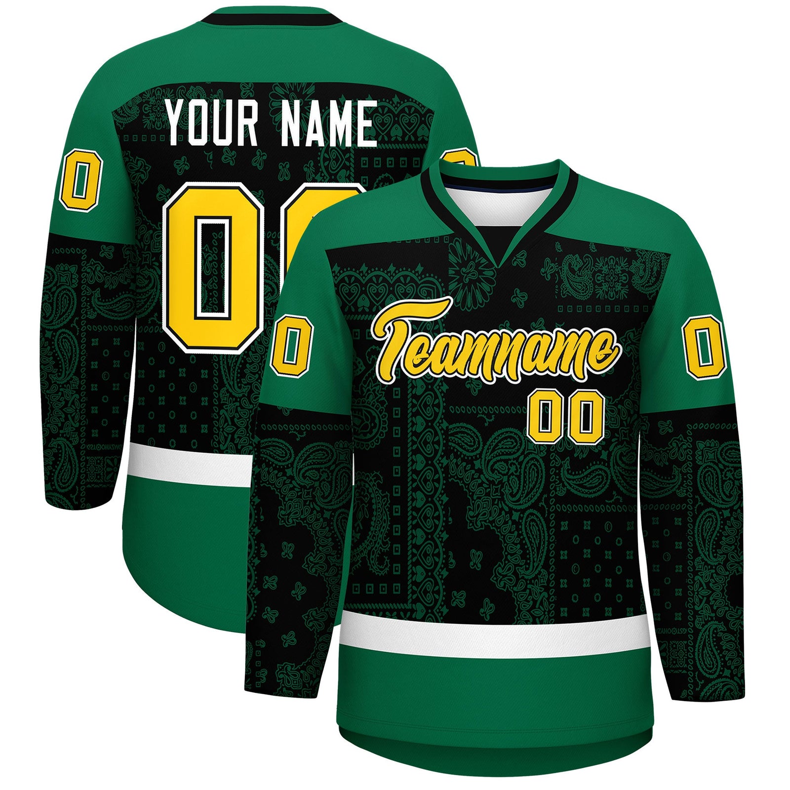 Custom Kelly Green Black White Cashew Flower Graffiti Pattern V-Neck Hockey Jersey| KXKSHOP