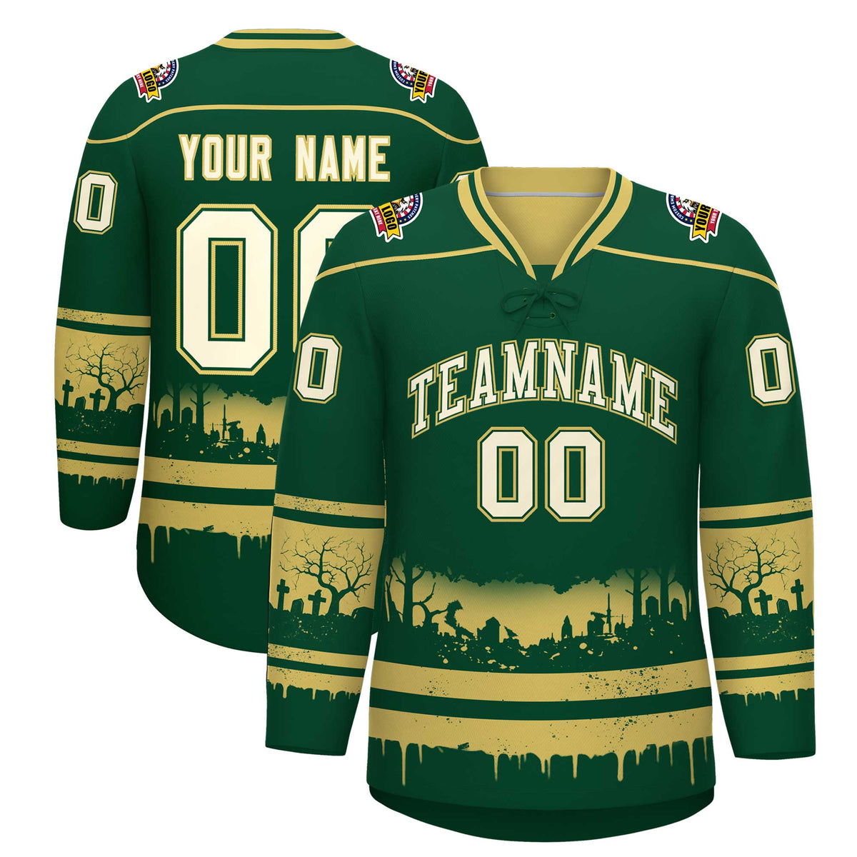 Custom Dark Green Old Gold Cream Gradient Fashion Halloween Stretch Fabric Hockey Jersey| KXKSHOP