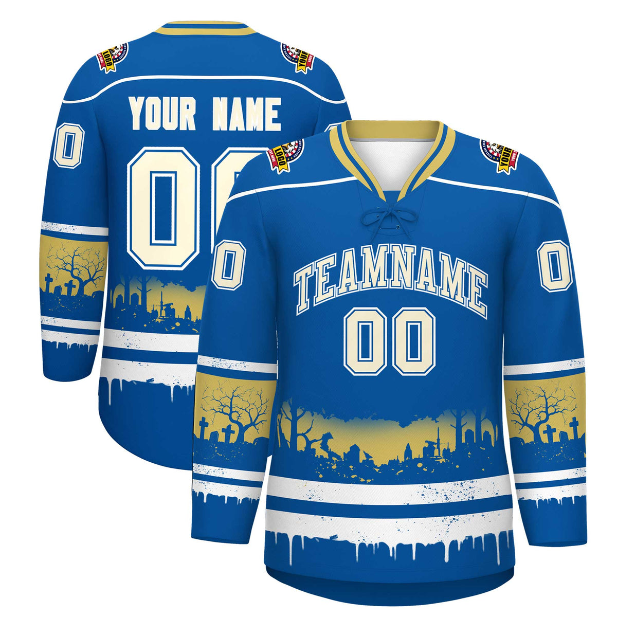 Custom Royal White Old Gold Gradient Fashion Halloween Stretch Fabric Hockey Jersey| KXKSHOP