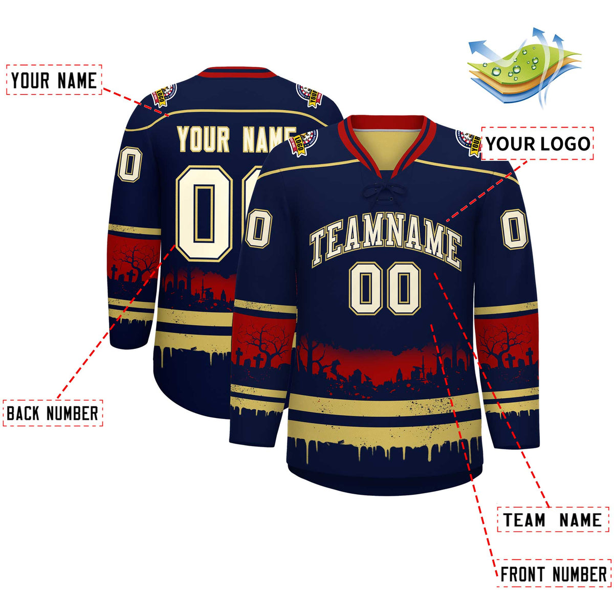Custom Navy Old Gold Red Gradient Fashion Halloween Stretch Fabric Hockey Jersey| KXKSHOP