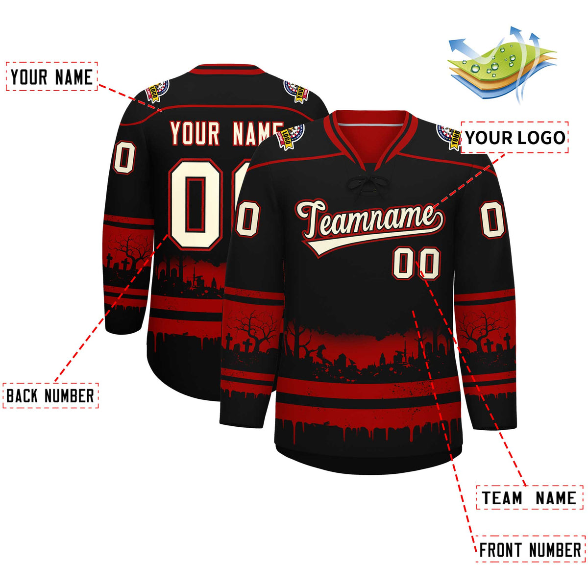 Custom Black Red Cream Gradient Fashion Halloween Stretch Fabric Hockey Jersey| KXKSHOP