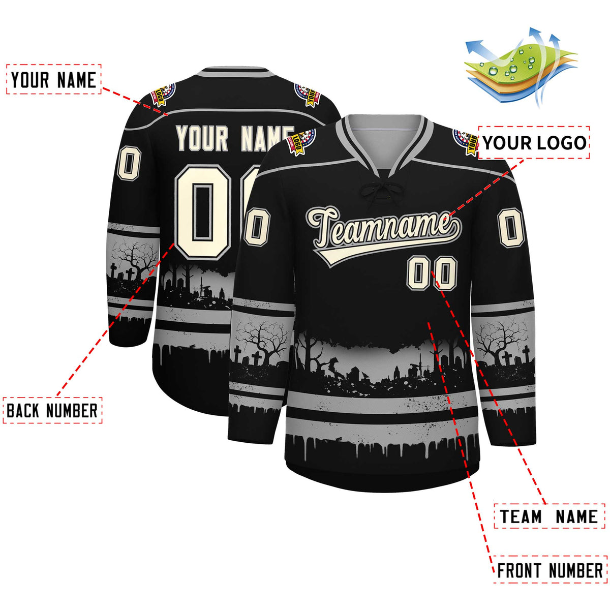 Custom Black Gray Cream Gradient Fashion Halloween Stretch Fabric Hockey Jersey| KXKSHOP