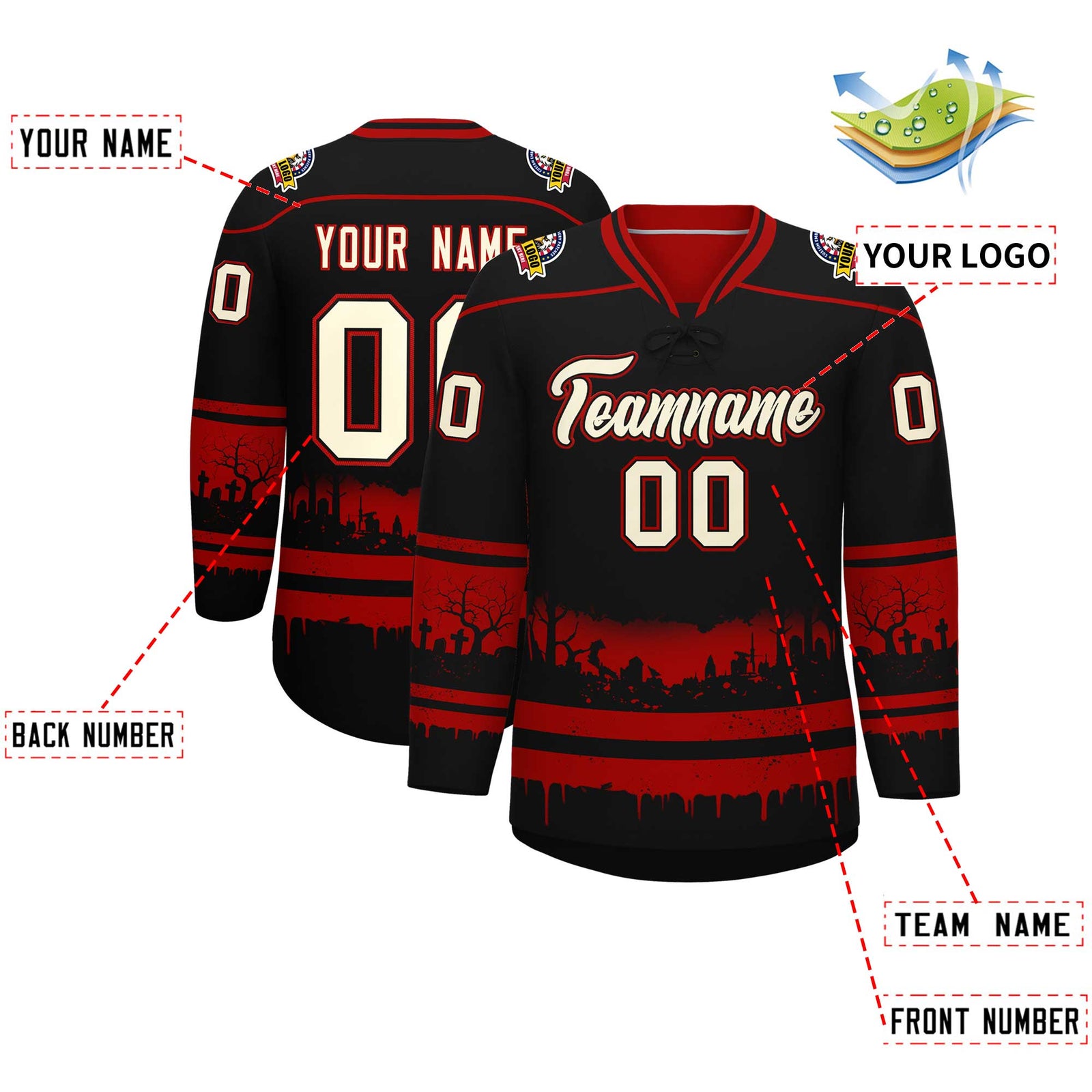 Custom Black Red Cream Gradient Fashion Halloween Stretch Fabric Hockey Jersey| KXKSHOP