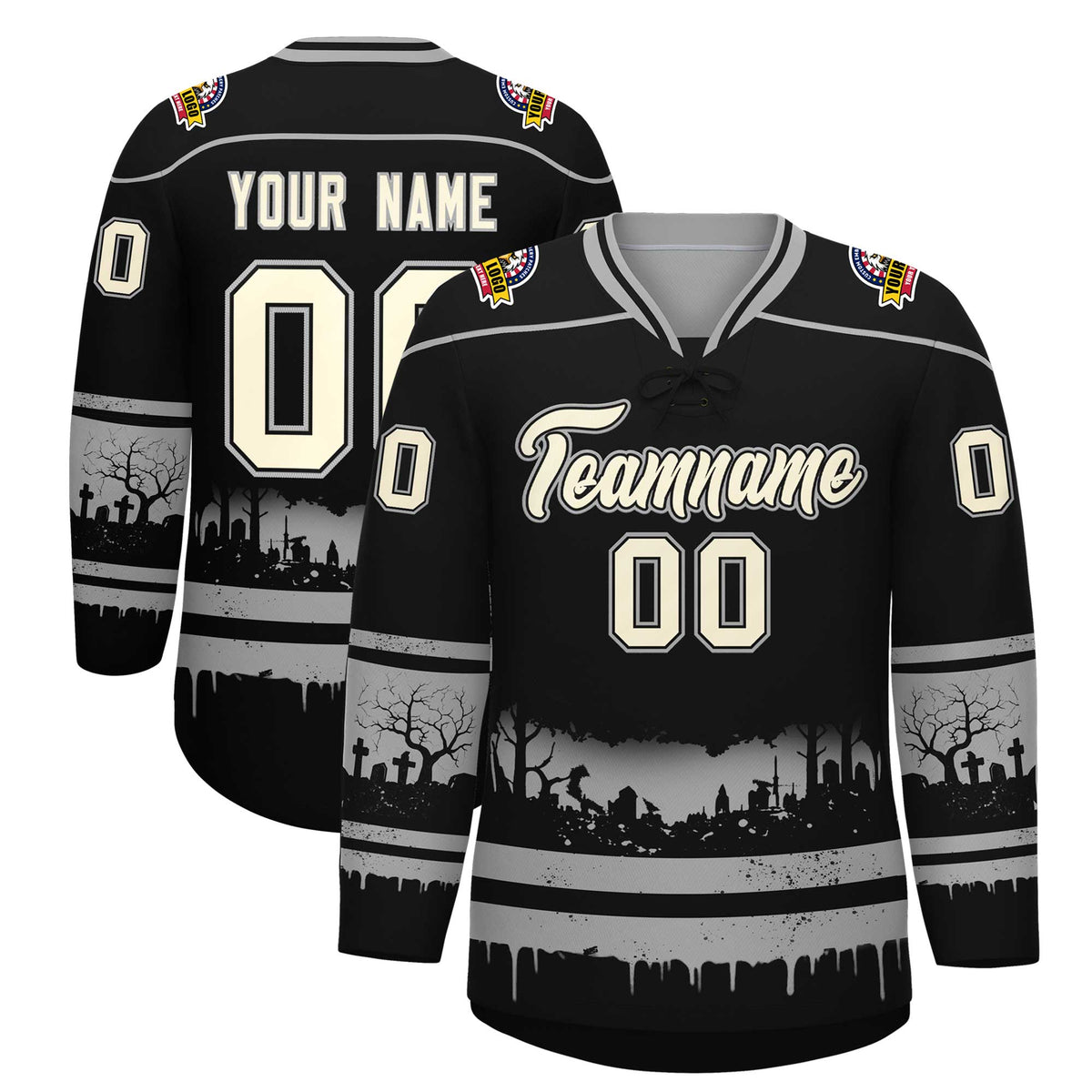 Custom Black Gray Cream Gradient Fashion Halloween Stretch Fabric Hockey Jersey| KXKSHOP