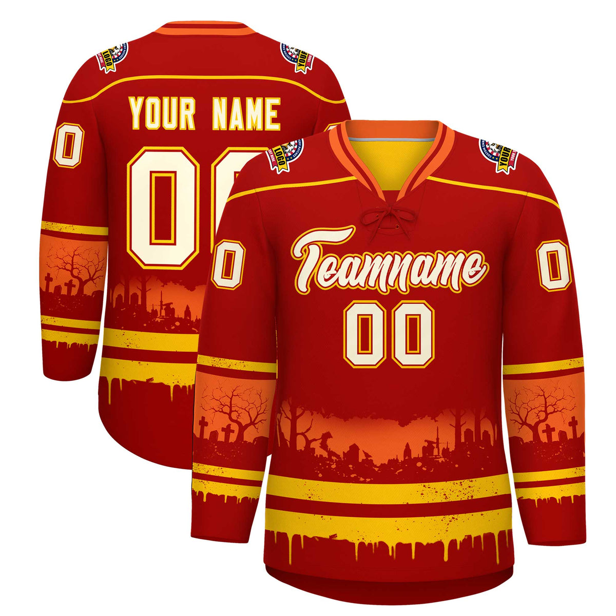 Custom Red Gold Orange Gradient Fashion Halloween Stretch Fabric Hockey Jersey| KXKSHOP