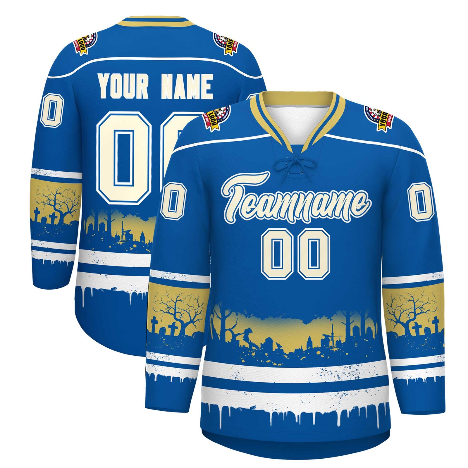 Custom Royal White Old Gold Gradient Fashion Halloween Stretch Fabric Hockey Jersey| KXKSHOP