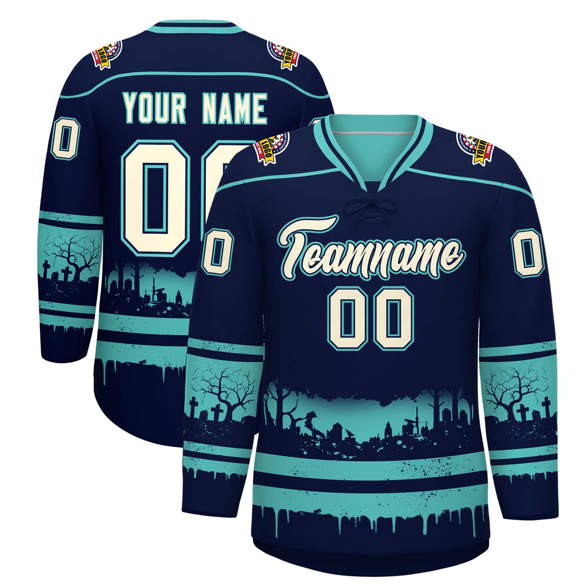 Custom Navy Teal Cream Gradient Fashion Halloween Stretch Fabric Hockey Jersey| KXKSHOP