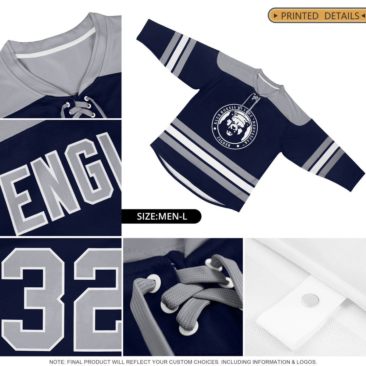 Custom Navy Gray White Personalized Classic Lace-Up Neck Hockey Jersey