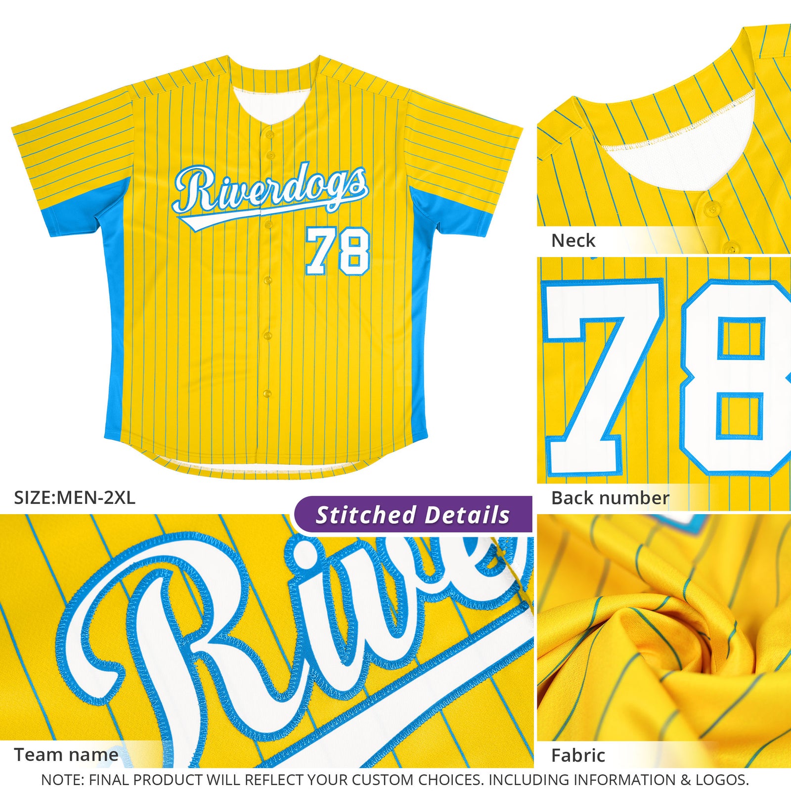 Custom Gold Powder Blue-White Stripe Fashion Design Full Button Authentic Baseball Jersey