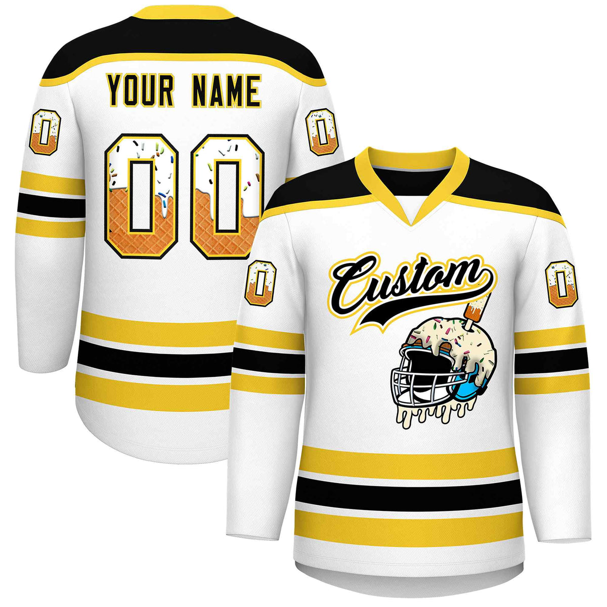 Custom White Gold Ice Cream Helmet Pattern Personalized V-Neck Hockey Jersey