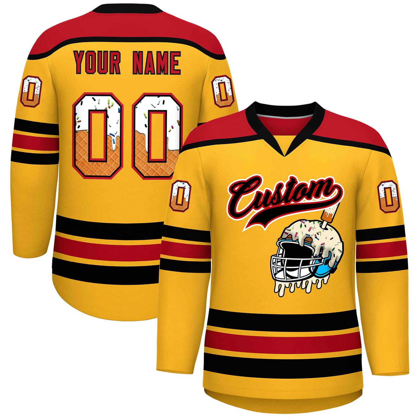 Custom Yellow Red Ice Cream Helmet Pattern Personalized V-Neck Hockey Jersey