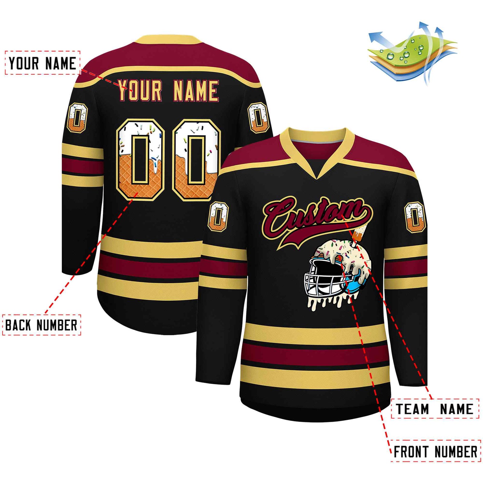 Custom Black Khaki Ice Cream Helmet Pattern Personalized V-Neck Hockey Jersey