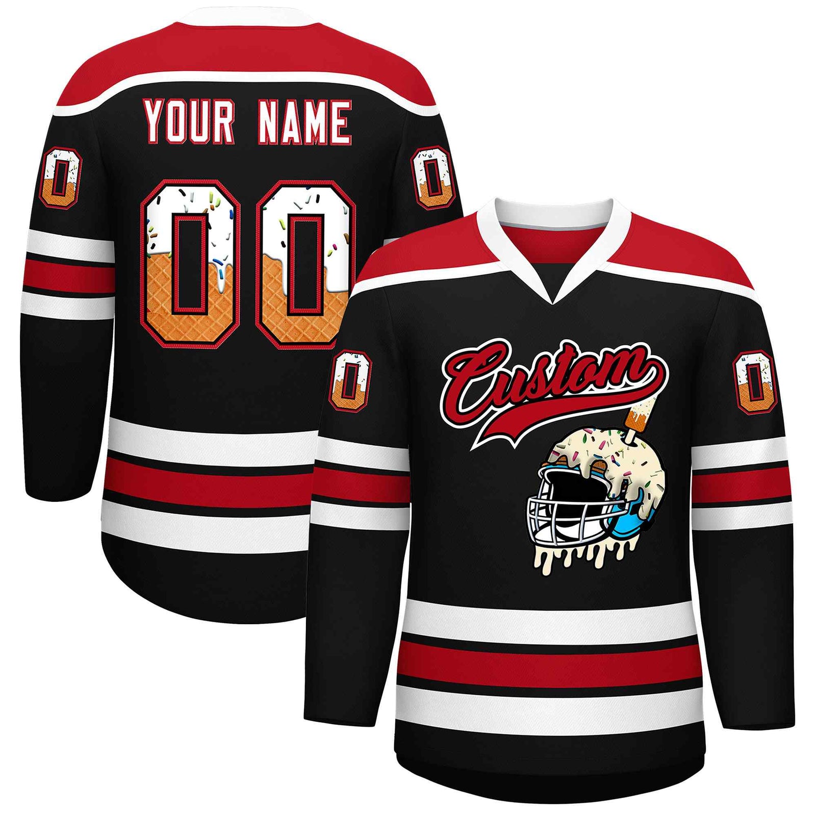 Custom Black Red Ice Cream Helmet Pattern Personalized V-Neck Hockey Jersey