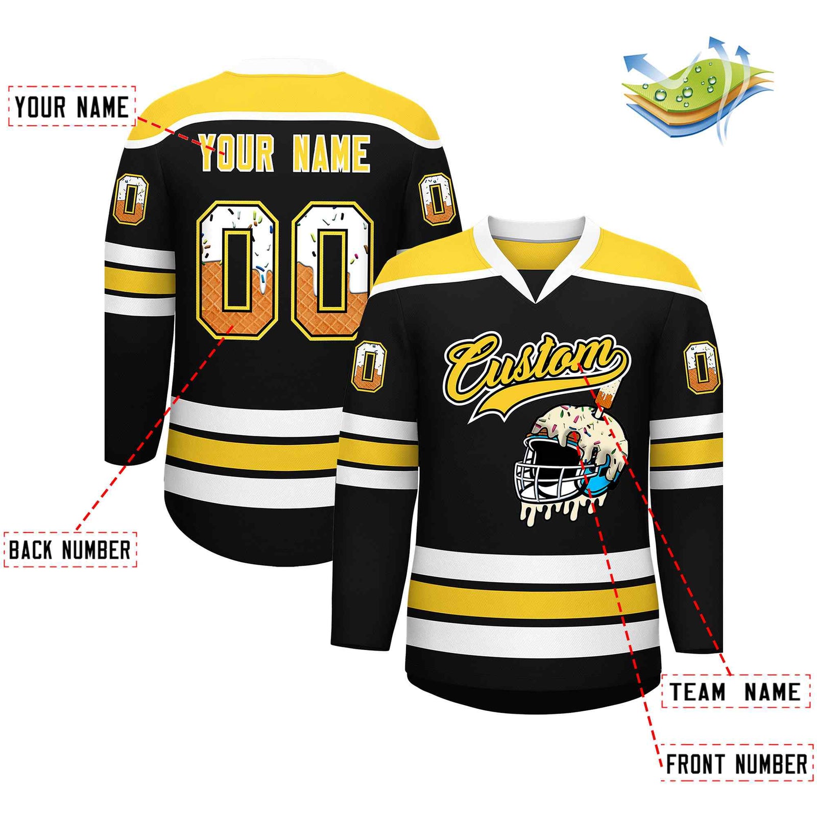 Custom Black Gold Ice Cream Helmet Pattern Personalized V-Neck Hockey Jersey