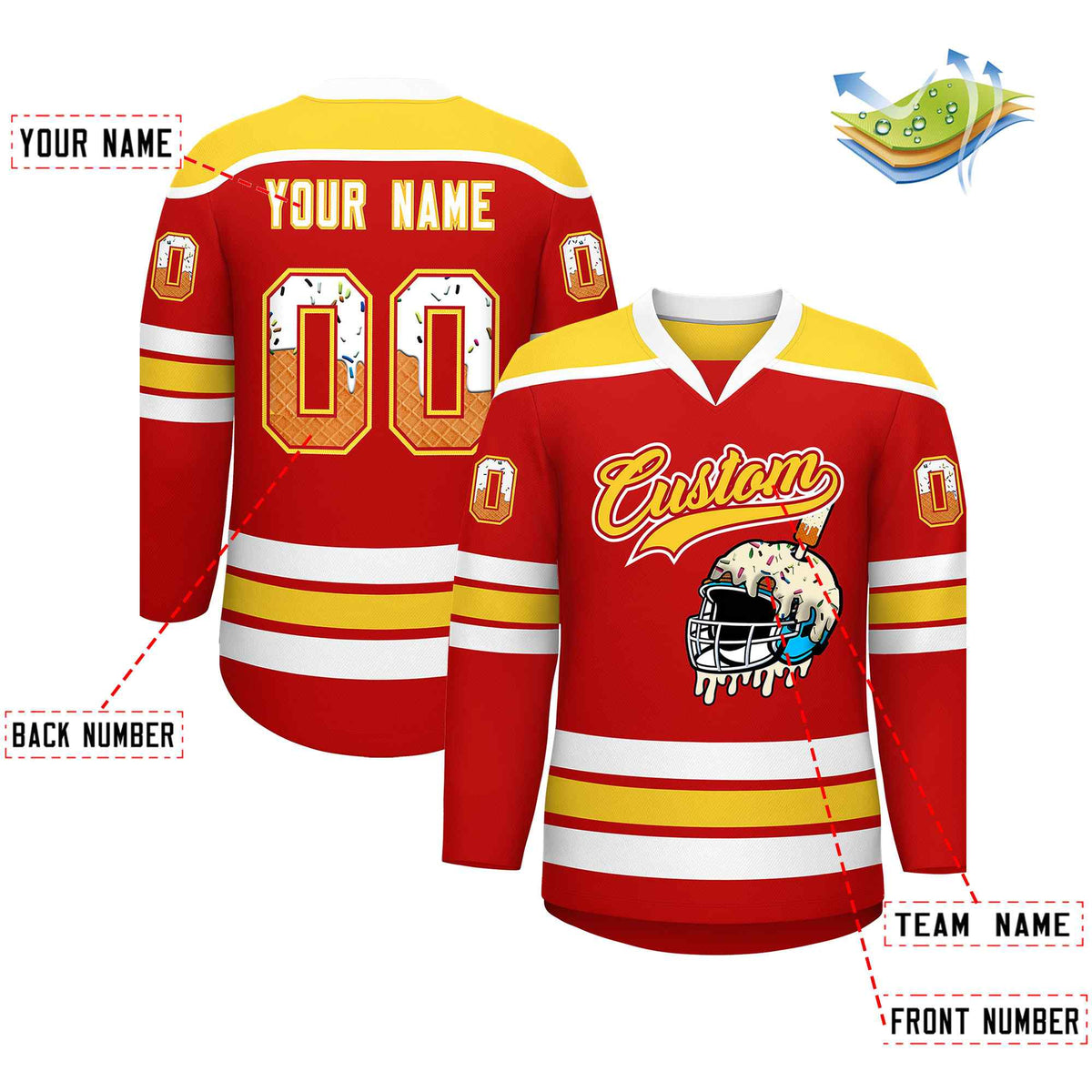 Custom Red Gold Ice Cream Helmet Pattern Personalized V-Neck Hockey Jersey