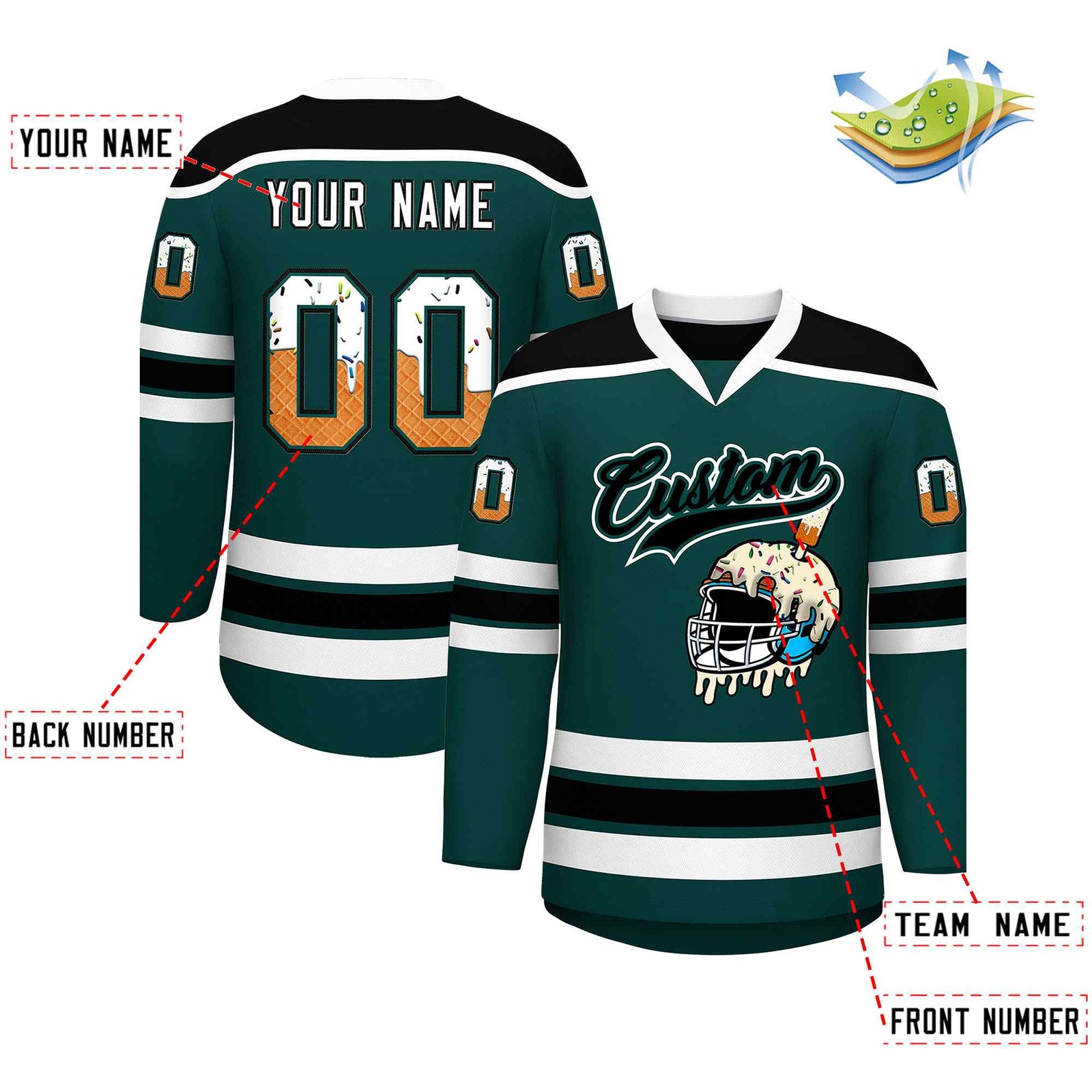 Custom Midnight Green Black Ice Cream Helmet Pattern Personalized V-Neck Hockey Jersey