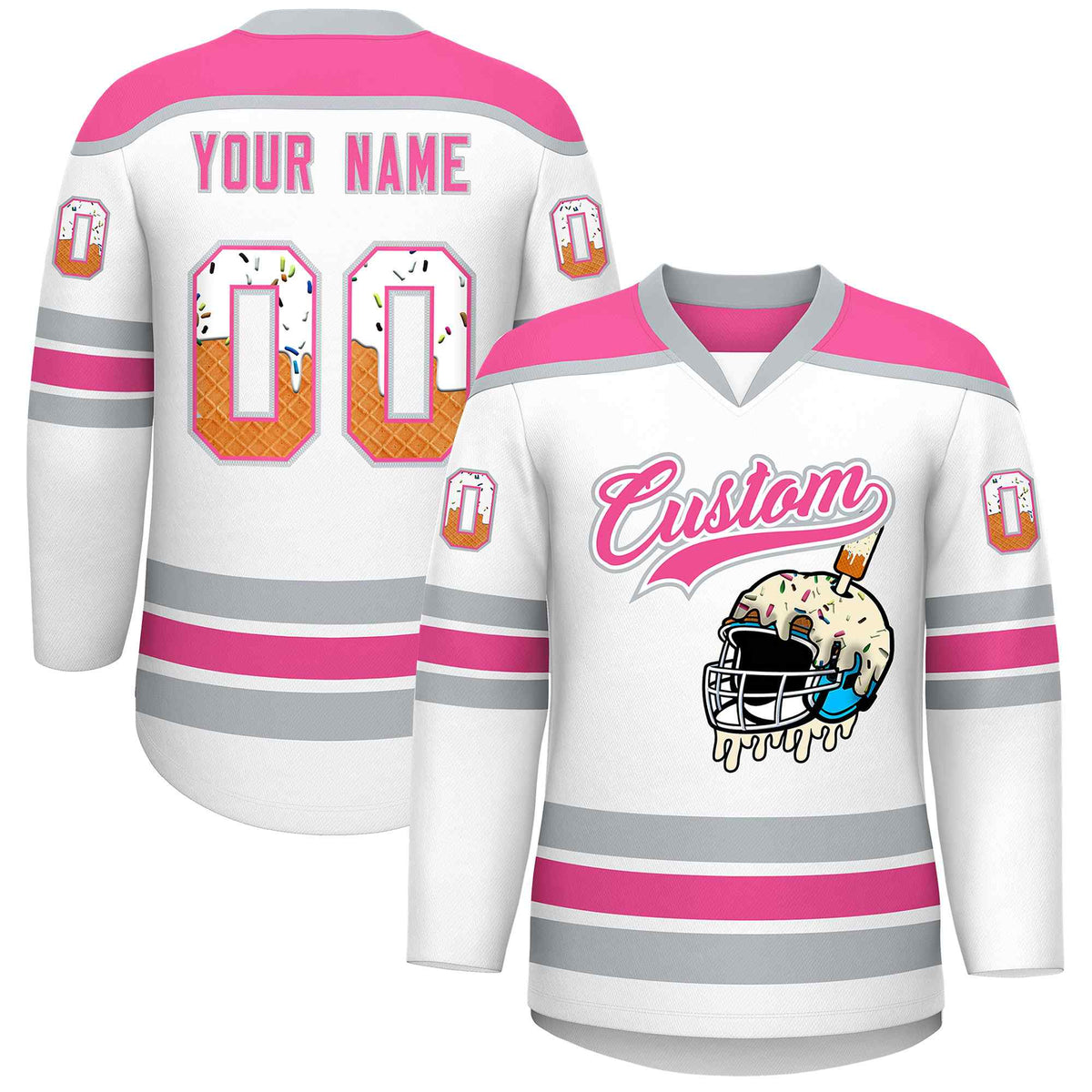 Custom White Pink Ice Cream Helmet Pattern Personalized V-Neck Hockey Jersey
