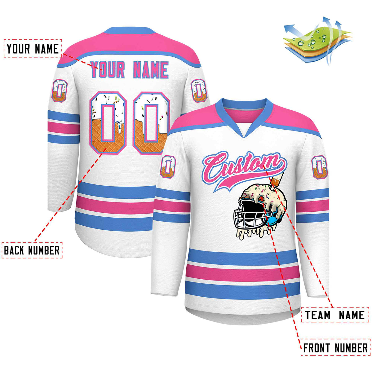 Custom White Pink Ice Cream Helmet Pattern Personalized V-Neck Hockey Jersey