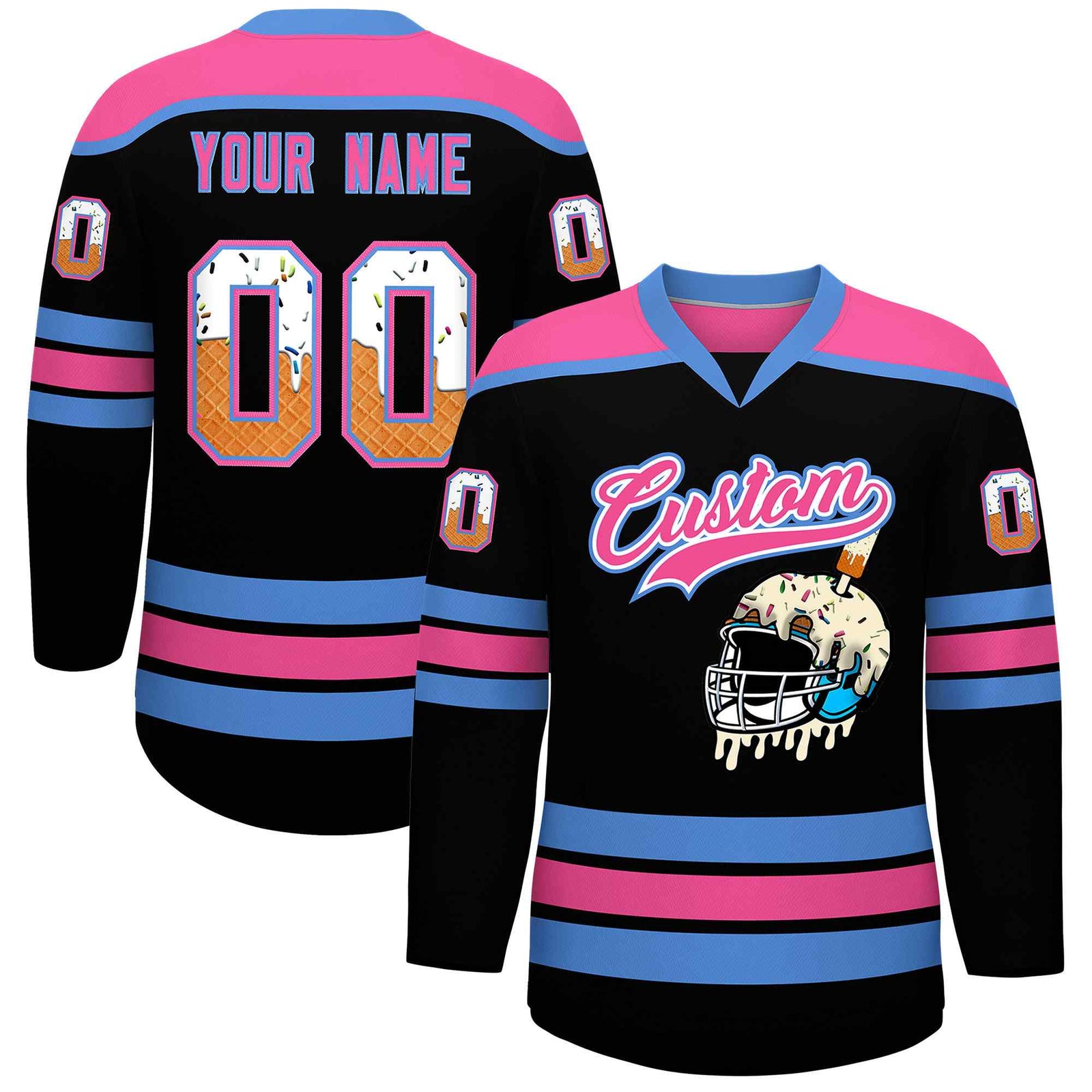 Custom Black Powder Blue Ice Cream Helmet Pattern Personalized V-Neck Hockey Jersey