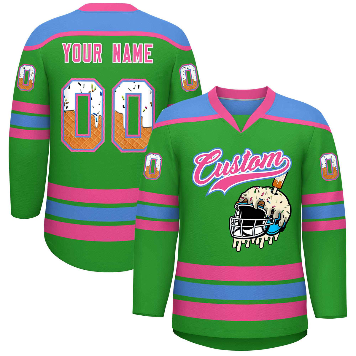 Custom Light Green Powder Blue Ice Cream Helmet Pattern Personalized V-Neck Hockey Jersey