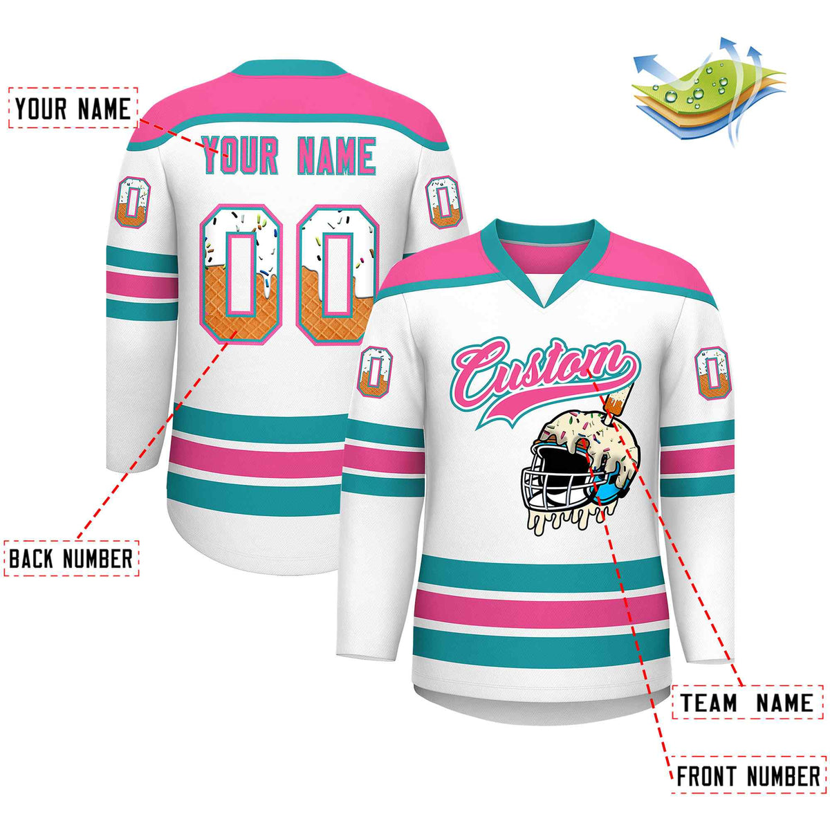Custom White Pink Ice Cream Helmet Pattern Personalized V-Neck Hockey Jersey