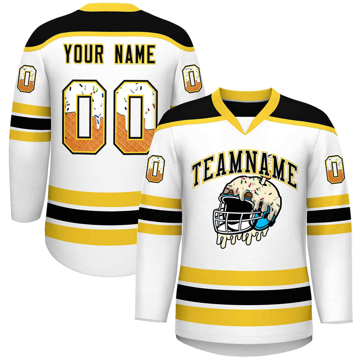 Custom White Gold Ice Cream Helmet Pattern Personalized V-Neck Hockey Jersey
