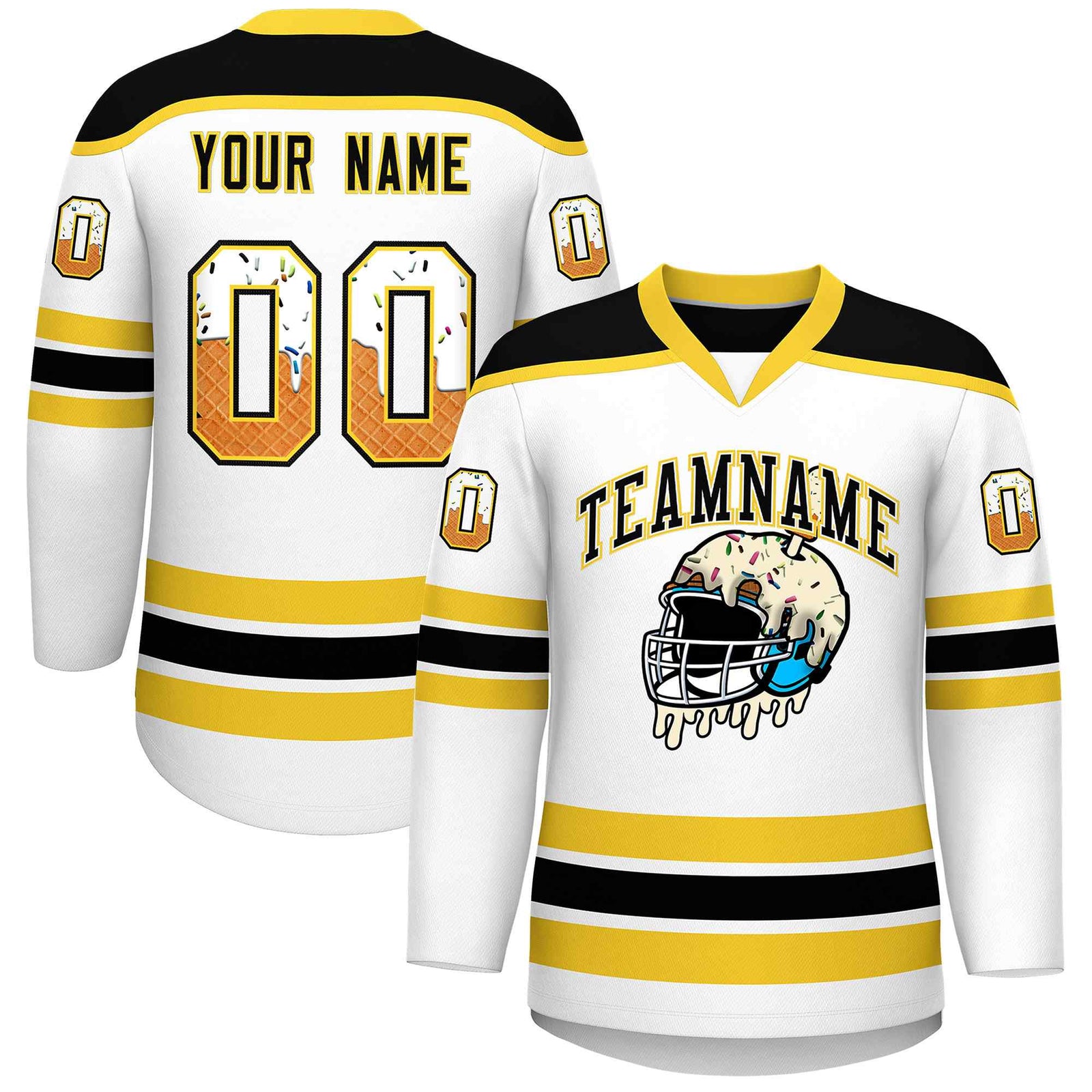 Custom White Gold Ice Cream Helmet Pattern Personalized V-Neck Hockey Jersey