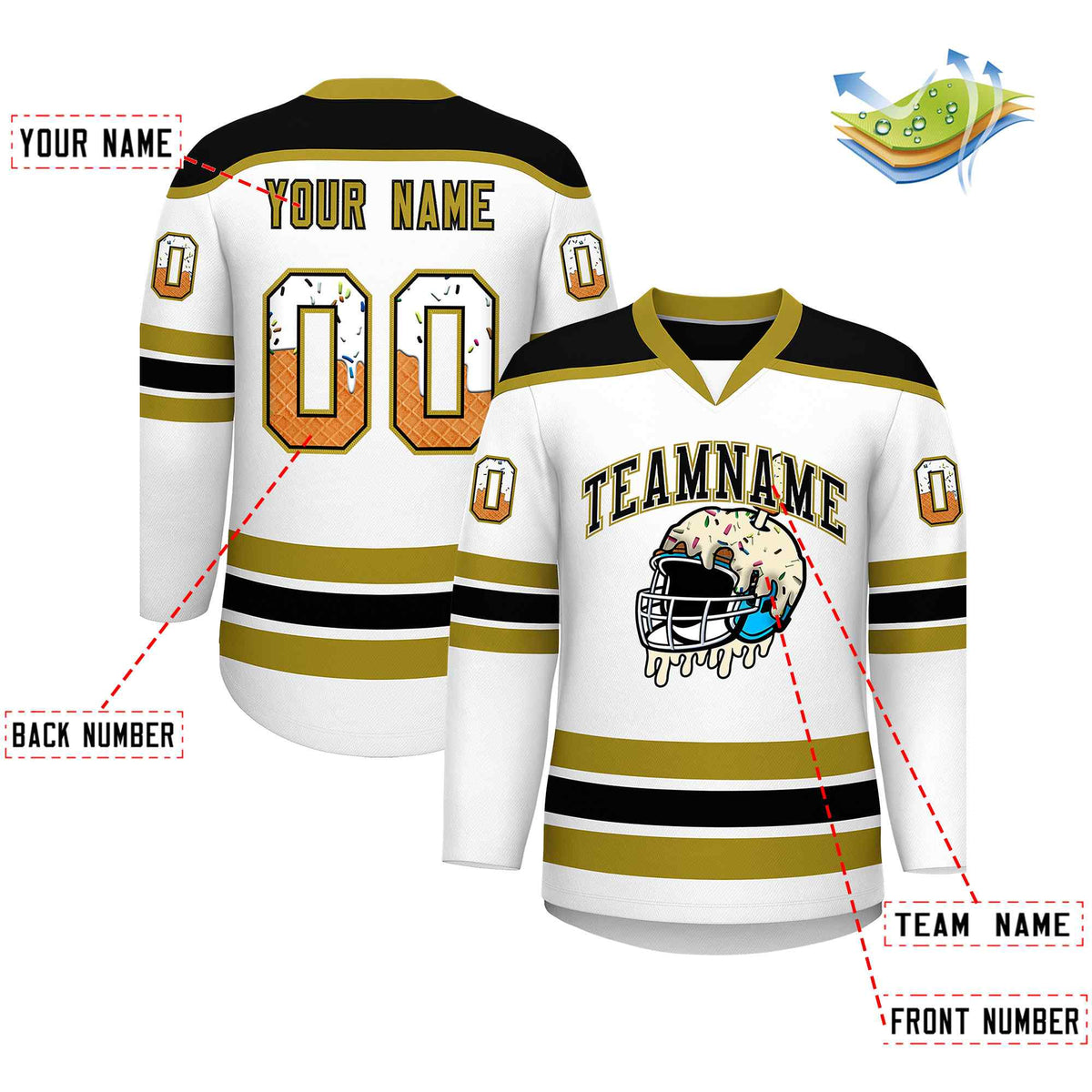 Custom White Old Gold Ice Cream Helmet Pattern Personalized V-Neck Hockey Jersey