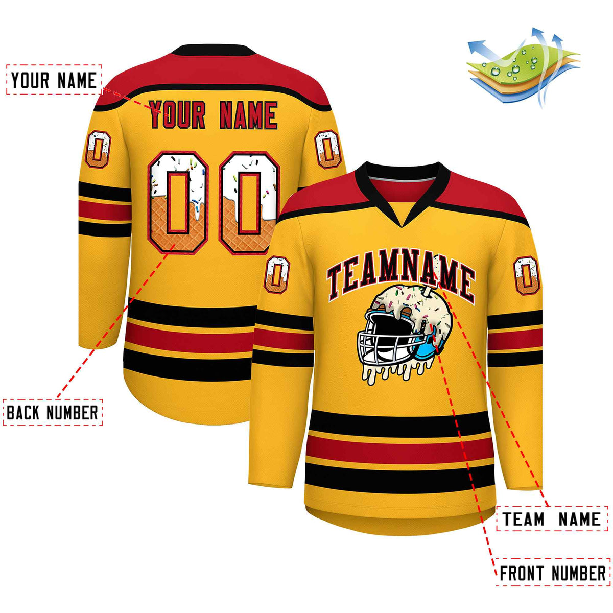 Custom Yellow Red Ice Cream Helmet Pattern Personalized V-Neck Hockey Jersey
