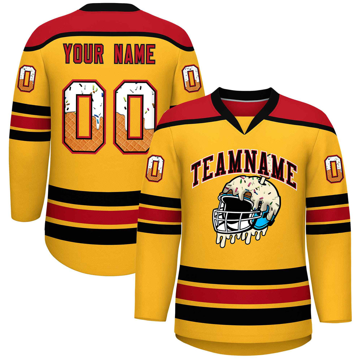Custom Yellow Red Ice Cream Helmet Pattern Personalized V-Neck Hockey Jersey
